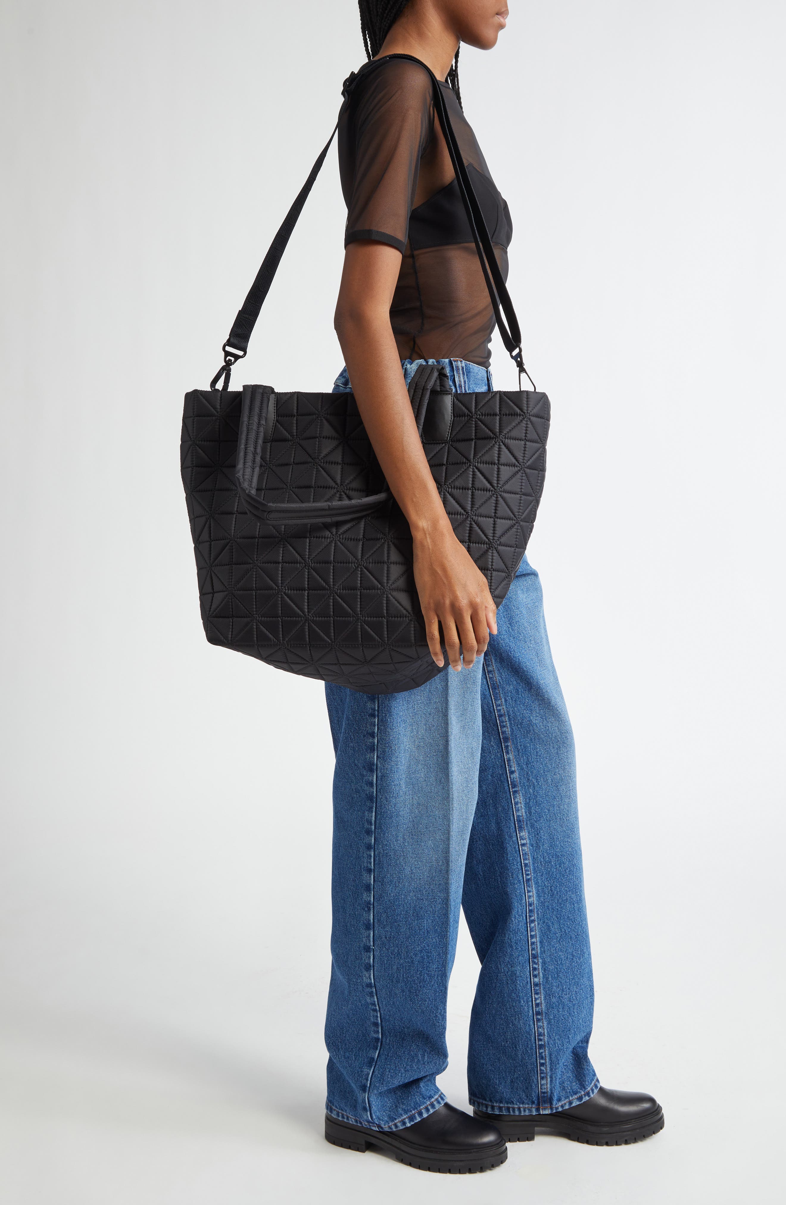 VeeCollective Medium Vee Quilted Recycled Nylon Tote, Alternate, color, Black
