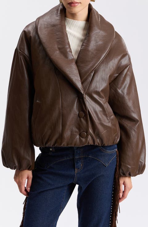 Shawl Collar Faux Leather Balloon Puffer Jacket