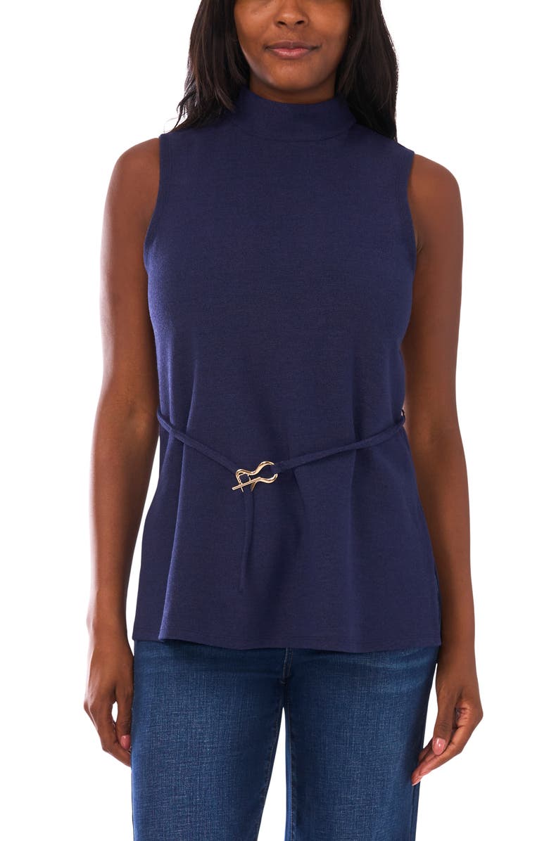 Vince Camuto Sleeveless Belted Mock Neck Top, Main, color, Classic Navy
