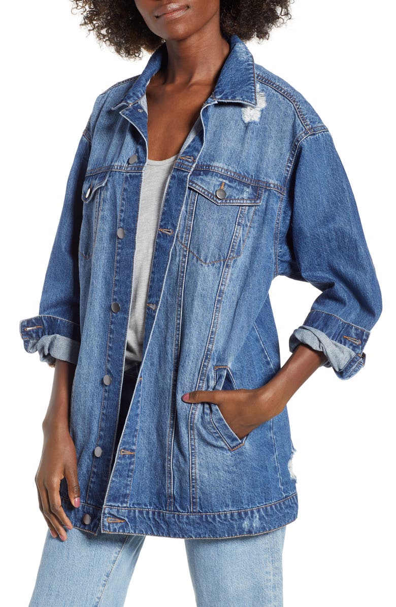 BP. Distressed Longline Denim Jacket, Main, color, 