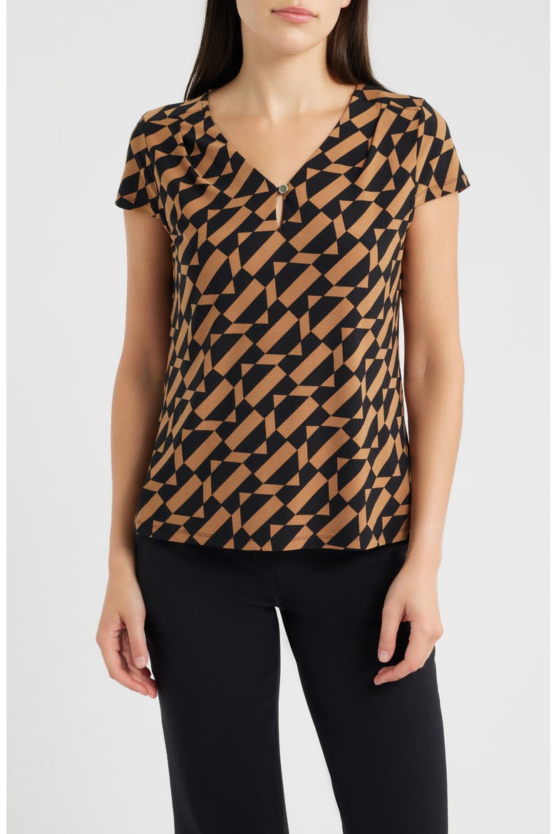 Geometric Cap Sleeve Pleat Neck Top, Main, color, ANNE BLACK/ VICUNA
