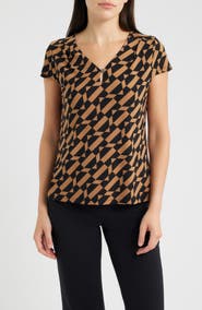 AK ANNE KLEIN Geometric Cap Sleeve Pleat Neck Top
