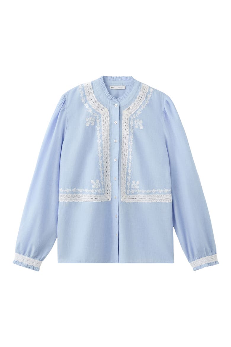 Floral Embroidered Lace Trim Button-Up Shirt, Alternate, color, SKY BLUE