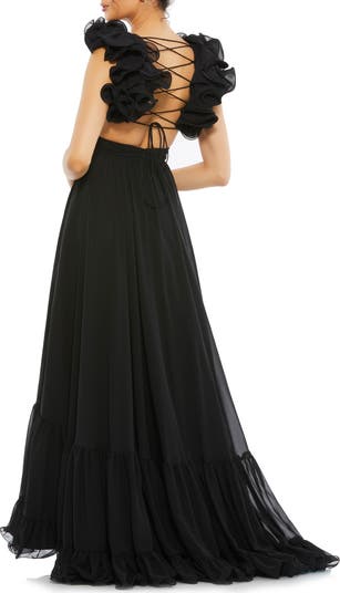【Mac Duggal】レースアップ ラインストーンカットアウト ガウン Mac Duggal Rosette Chiffon Cutout Empire Waist Gown | Nordstrom