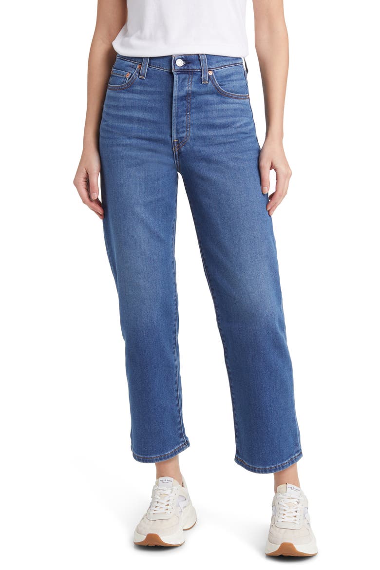 Ribcage High Waist Ankle Straight Leg Jeans, Main, color, HITZIG MID