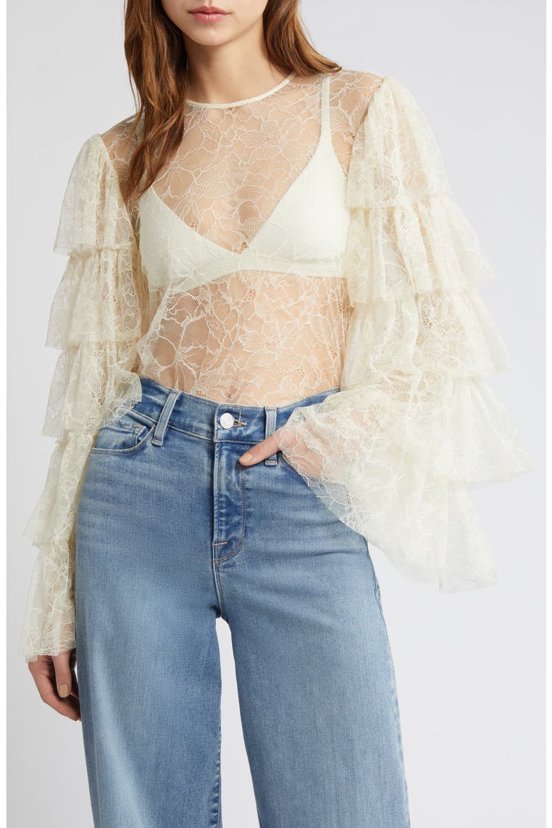 Ruffle Sleeve Lace Top, Main, color, CREAM