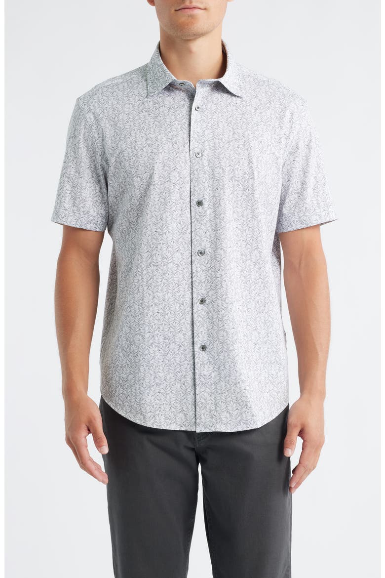 Miles OoohCotton® Leaf Print Short Sleeve Button-Up Shirt, Main, color, ZINC
