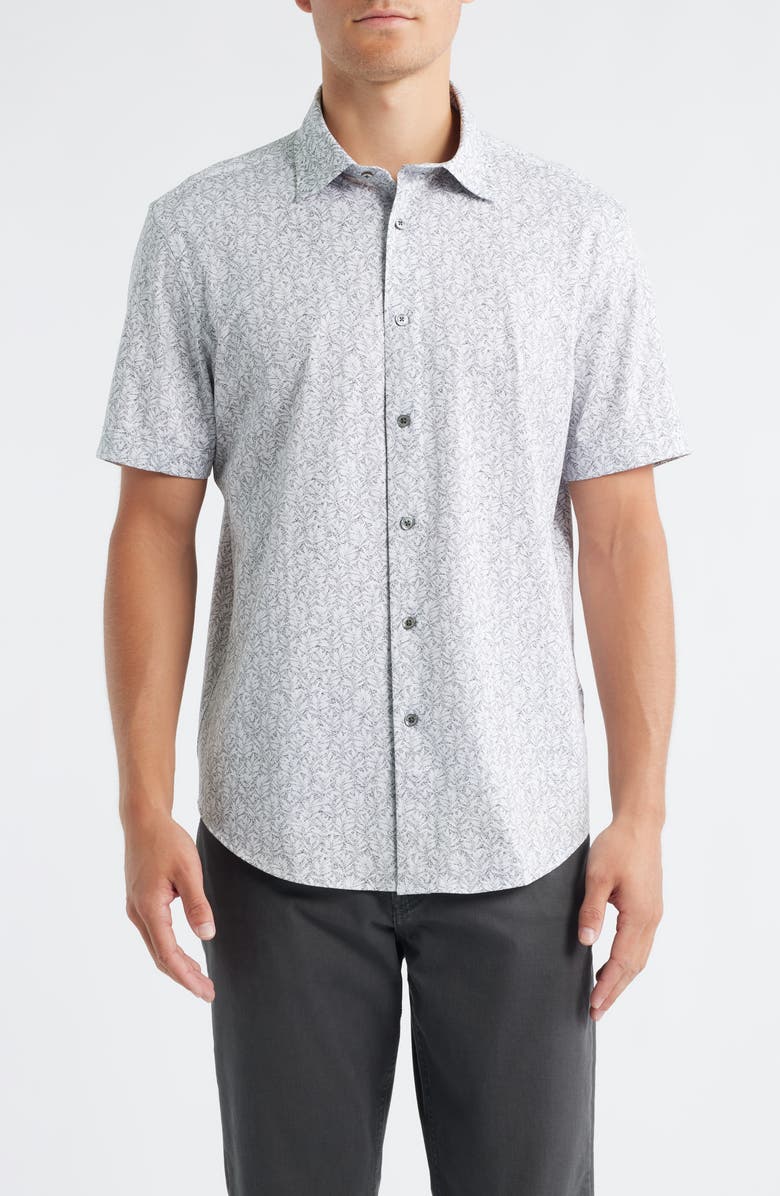Bugatchi Miles OoohCotton<sup>®</sup> Leaf Print Short Sleeve Button-Up Shirt, Main, color, Zinc