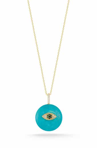 Cubic Zirconia & Synthetic Turquoise Disc Pendant Necklace