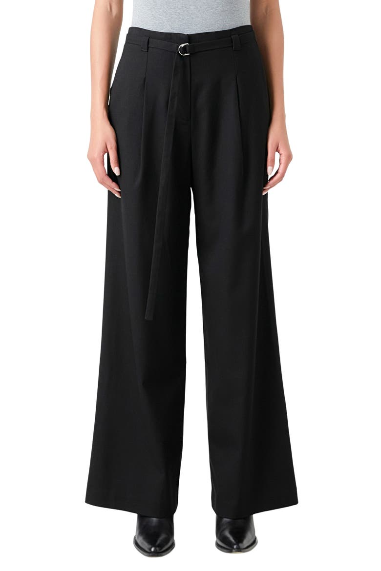 Pleated Belted Stretch Wide Leg Pants, Main, color, BLACK