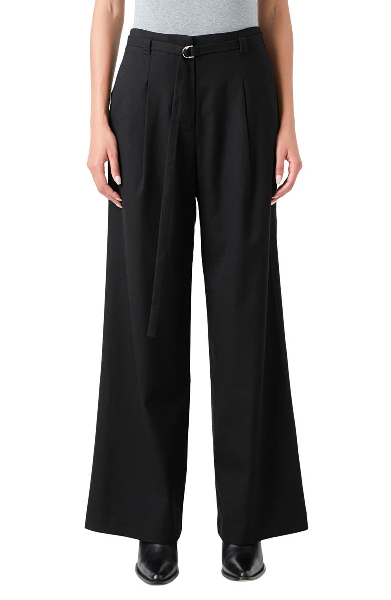 Grey Lab Pleated Belted Stretch Wide Leg Pants, Main, color, Black