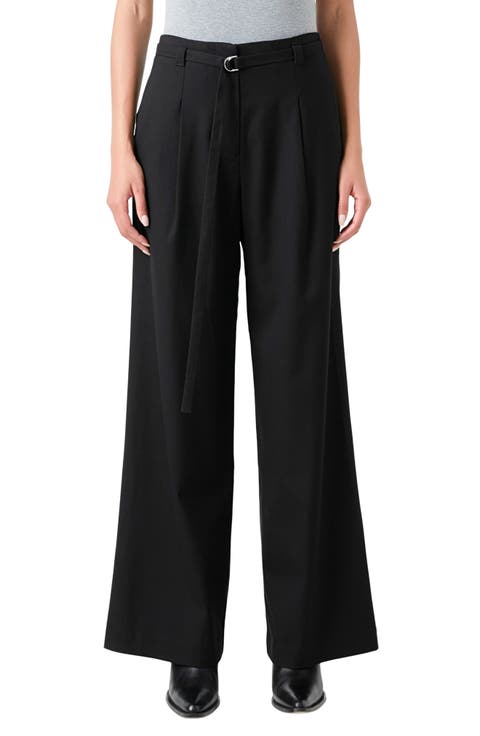 Pleated Belted Stretch Wide Leg Pants