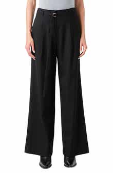 Pleated Belted Stretch Wide Leg Pants