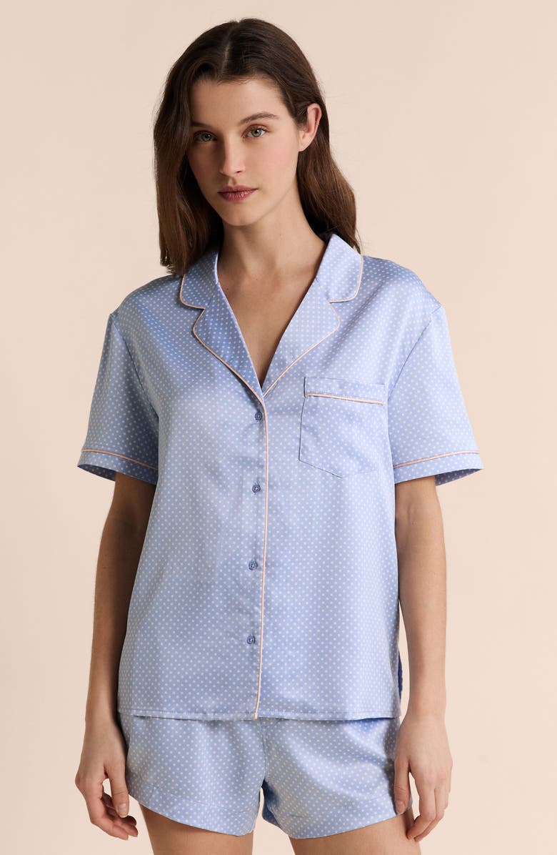 Etam Abel Short Sleeve Chemise Button-Up Pajama Shirt, Alternate, color, Printed Green Blue