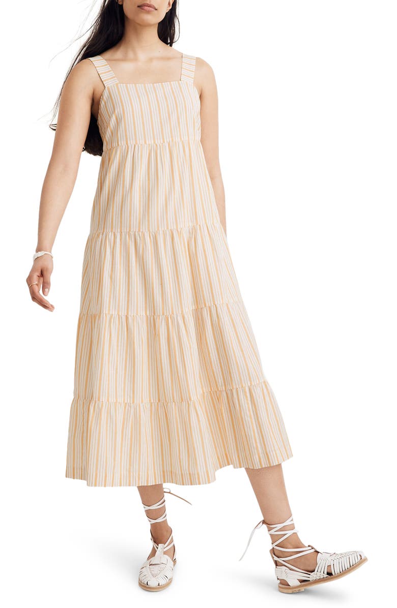 Madewell Stripe Button Back Tiered Midi Dress, Main, color, 