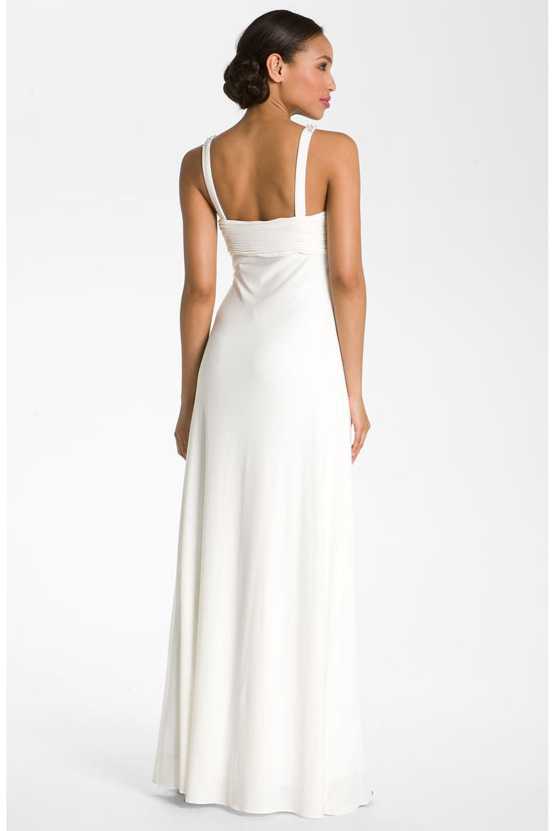 Pearl Trim Crisscross Matte Jersey Gown, Alternate, color, NEW IVORY