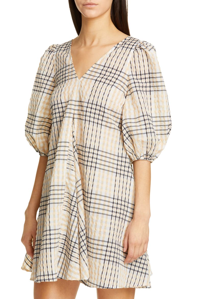 Check Seersucker Trapeze Dress, Alternate, color, IRISH CREAM