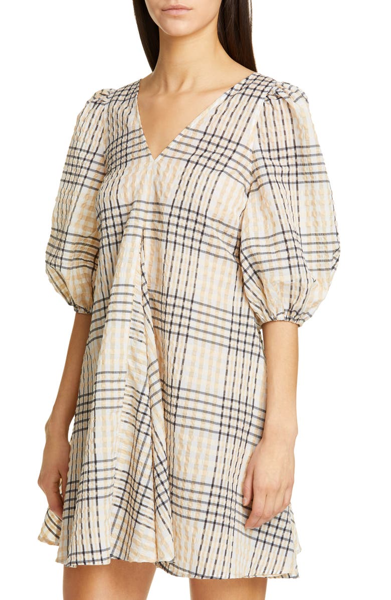 Ganni Check Seersucker Trapeze Dress, Alternate, color,