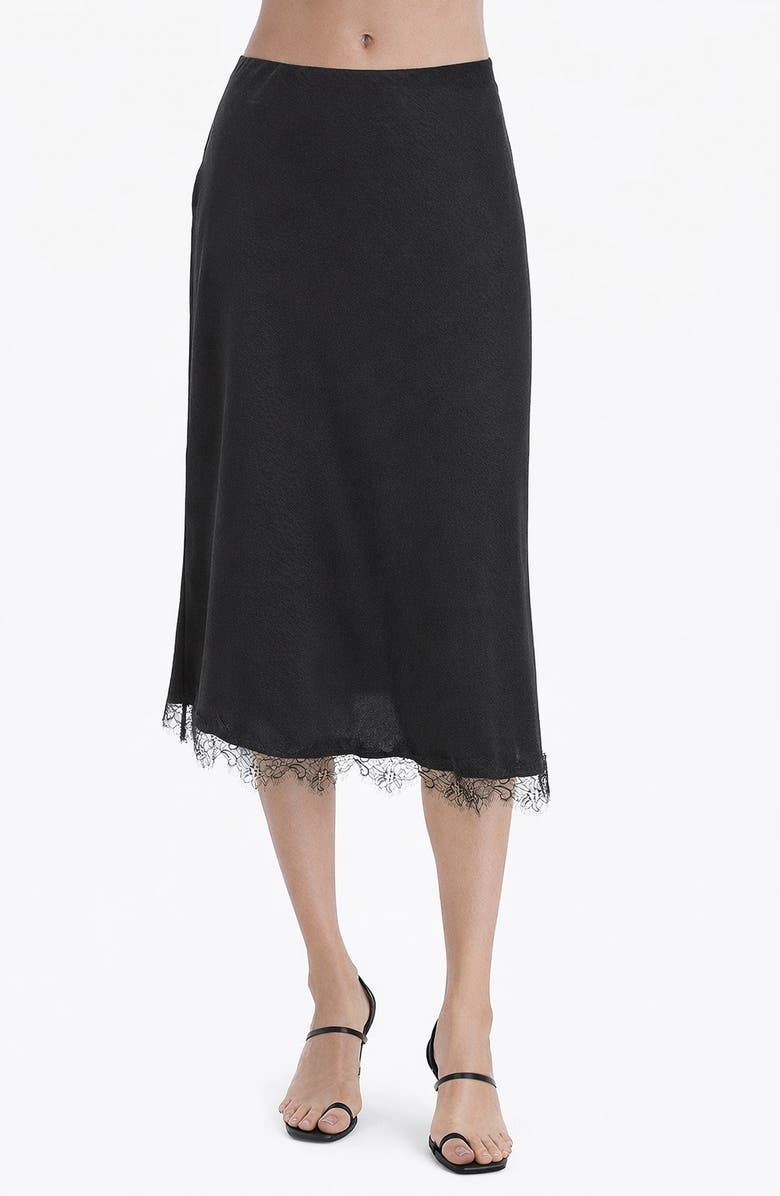 TASH AND SOPHIE Lace Trim Satin Midi Skirt, Main, color, Black/ Black