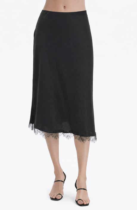 TASH AND SOPHIE Lace Trim Satin Midi Skirt