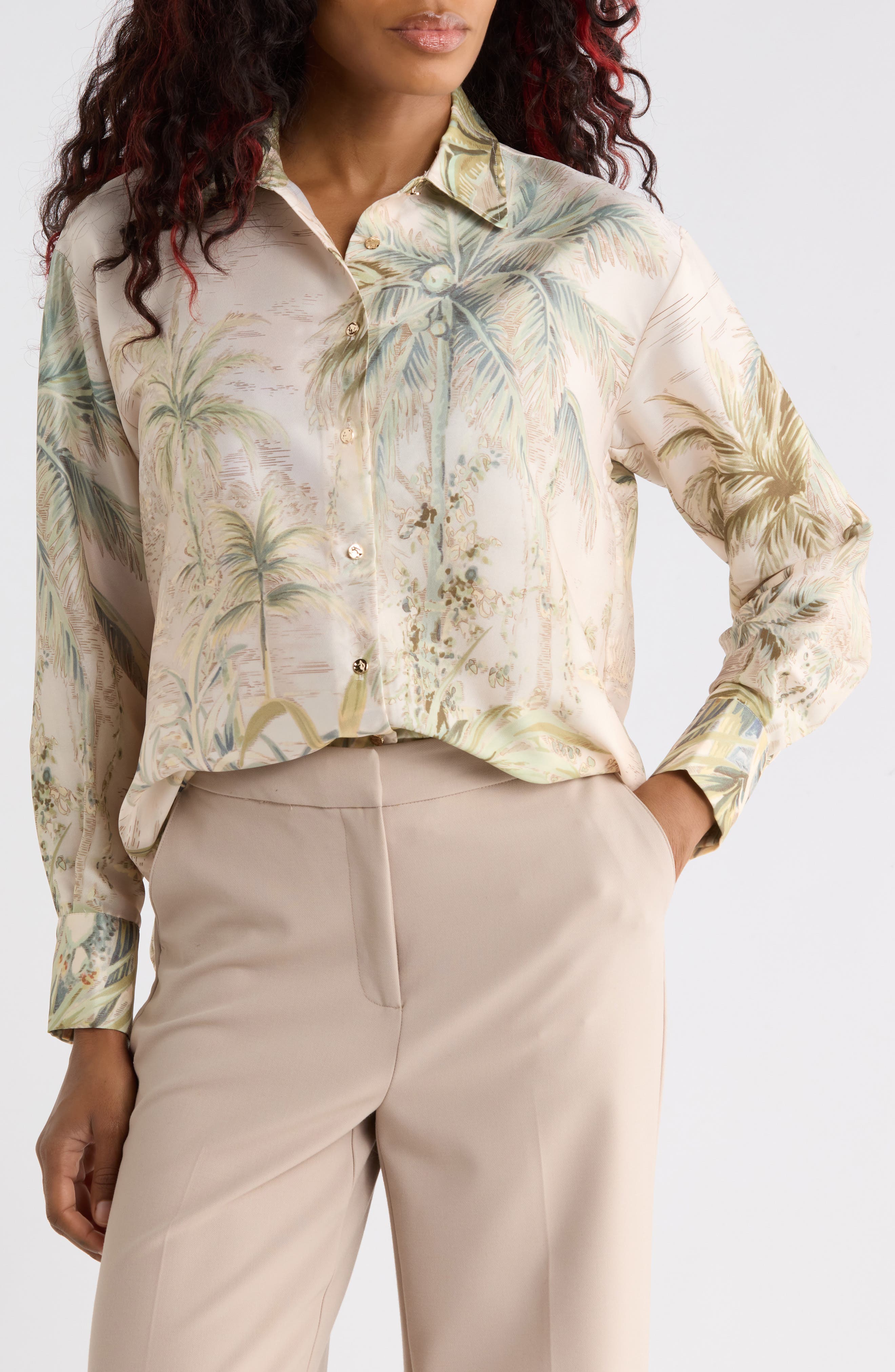 Tropical Printed Long Sleeve Button Front Shirt