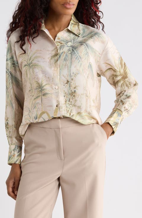 Tropical Printed Long Sleeve Button Front Shirt