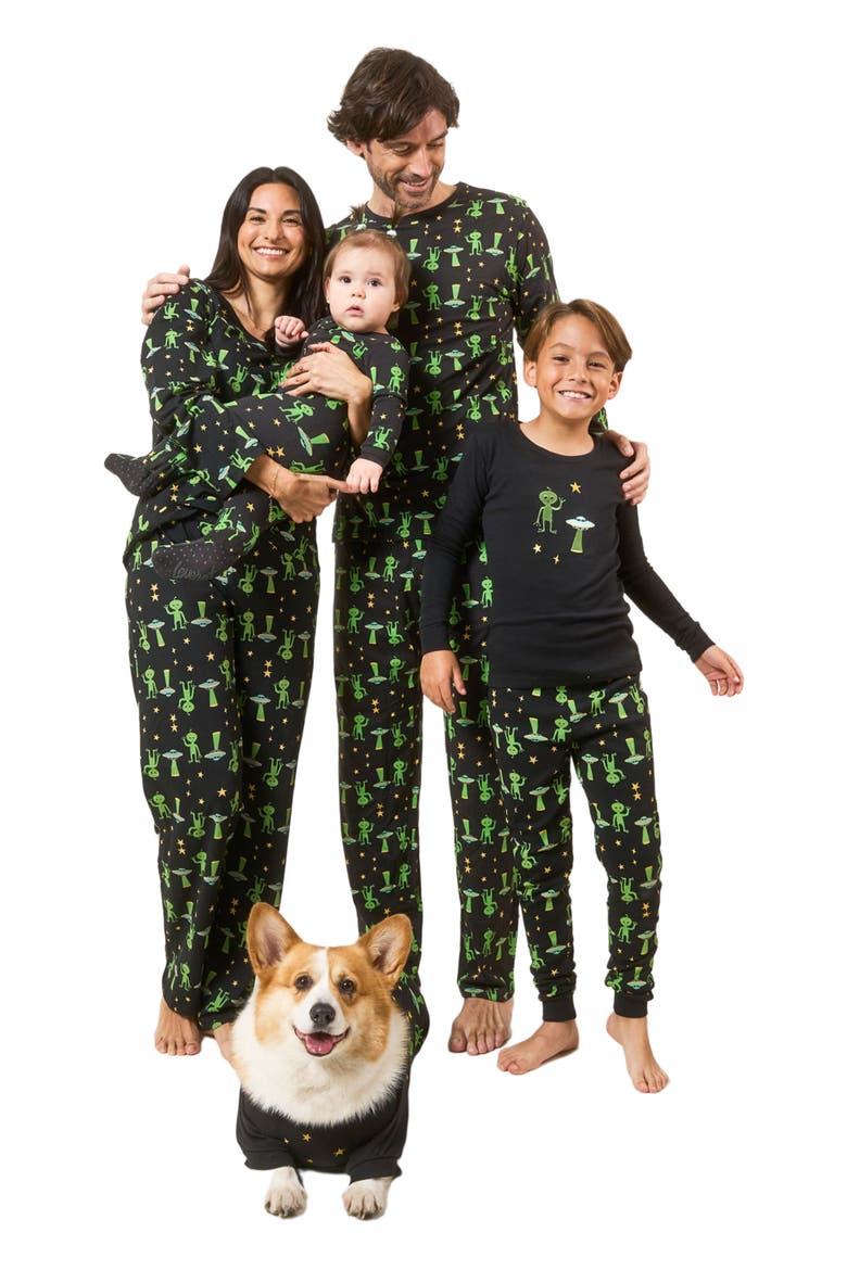Footed Cotton Halloween Matching Family Pajamas, Fun Prints, Alternate, color, Alien