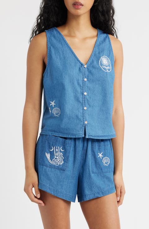 Catalina Island Denim Button-Up Sleeveless Top