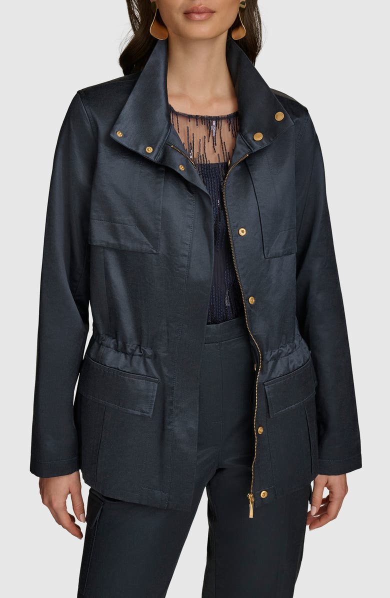 Donna Karan New York Short Cotton Blend Satin Trench Coat, Main, color, 