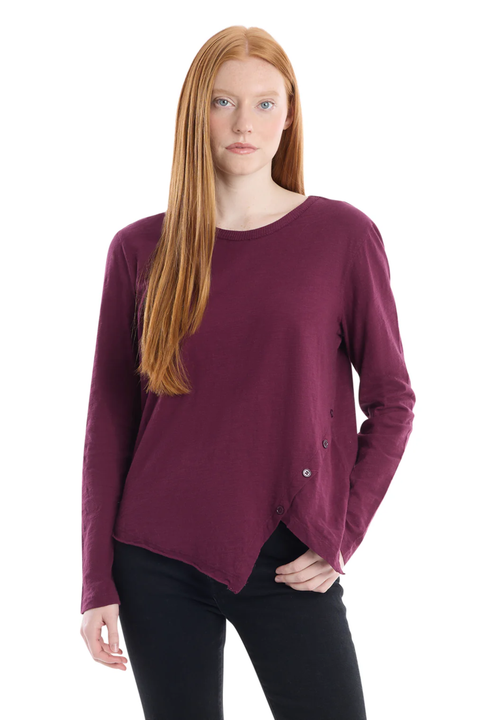 Long Sleeve Tee With Asymmetrical Hem & Button Detail