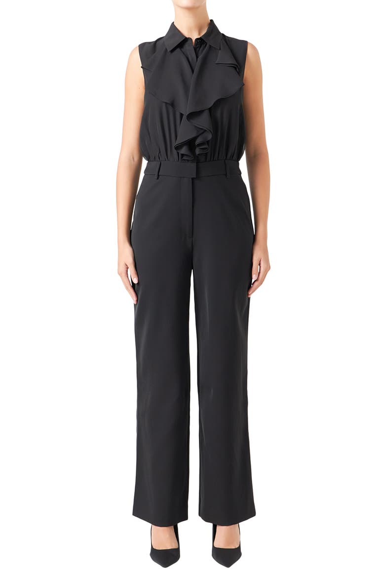 Ruffle Sleeveless Jumpsuit, Alternate, color, BLACK