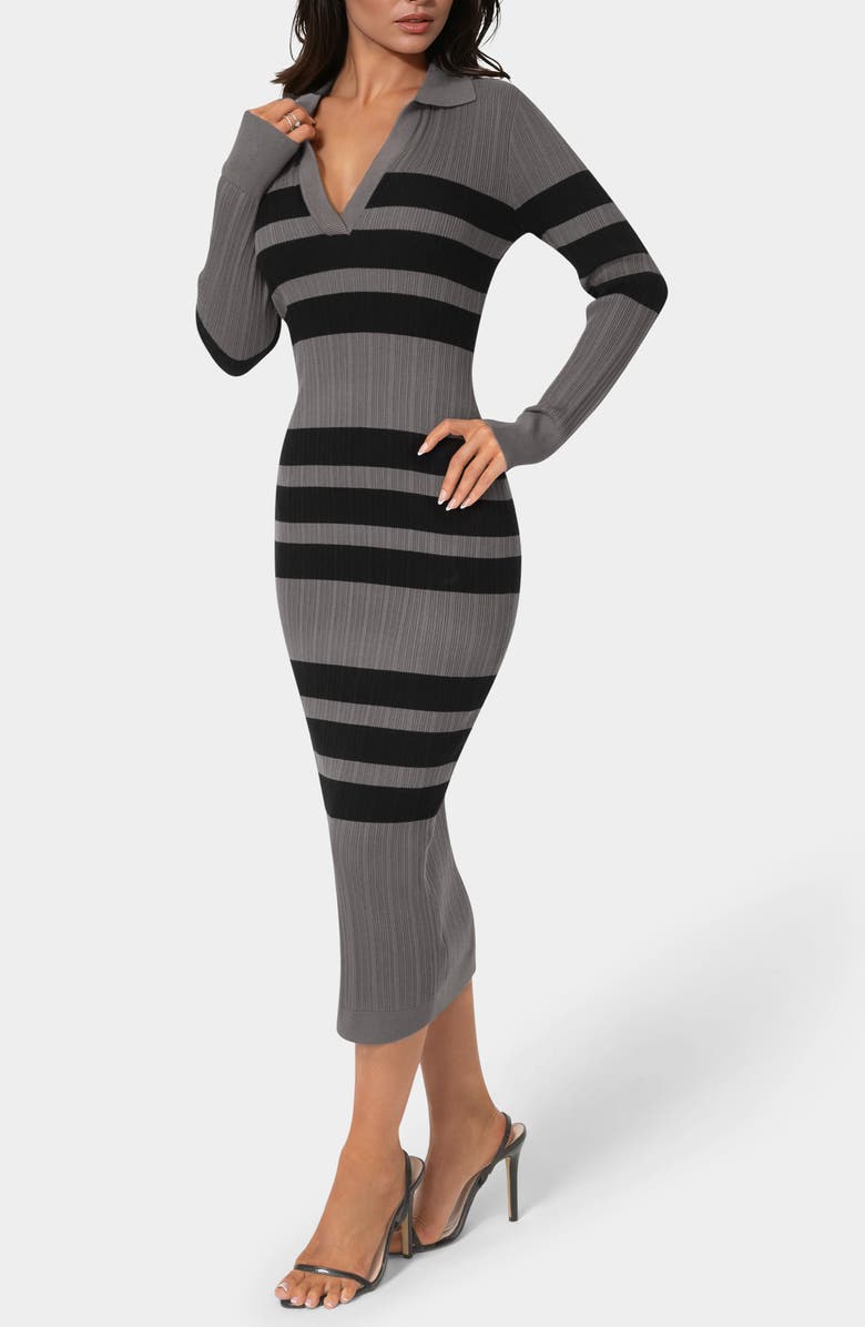 bebe Collared Long Sleeve Sweater Dress, Alternate, color, Charcoal/ Black