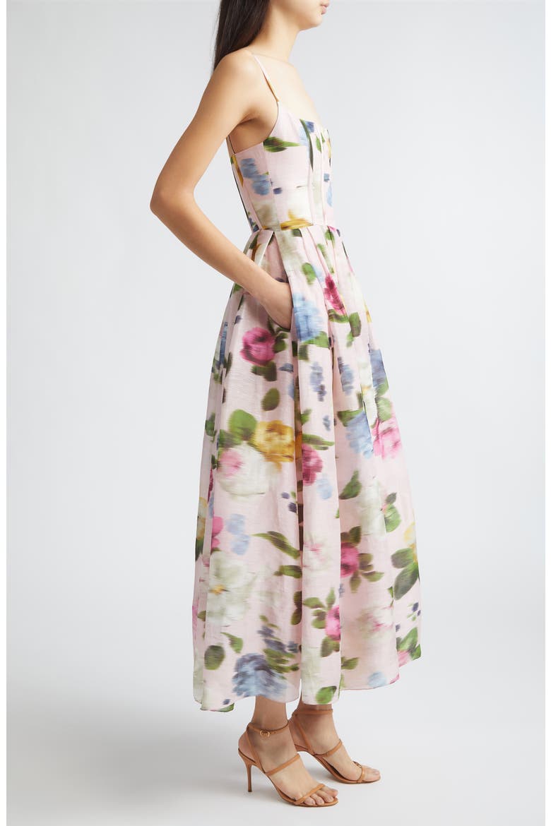 Chiné Floral Print Linen & Silk Corset Midi Dress, Alternate, color, ROSEWATER MULTI
