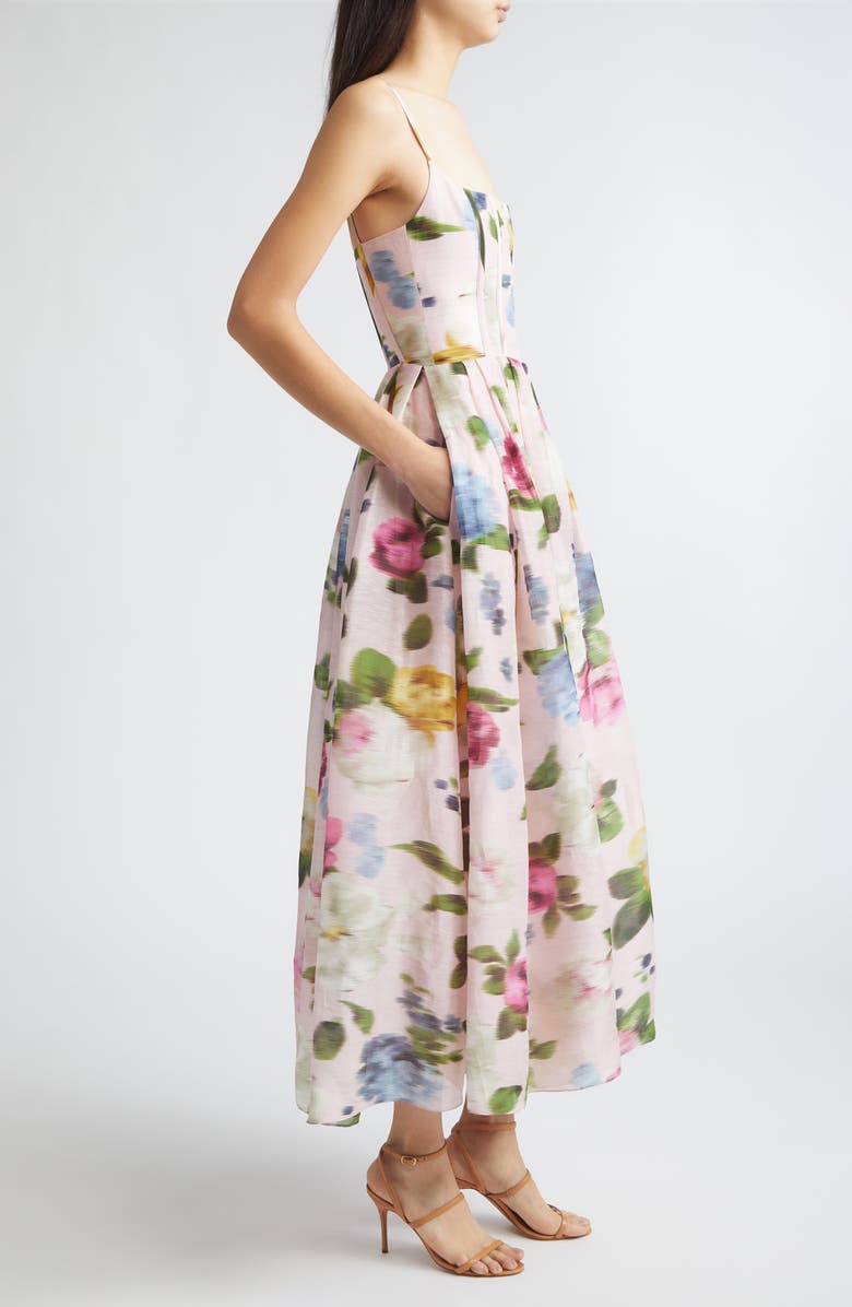 Carolina Herrera Chiné Floral Print Linen & Silk Corset Midi Dress, Alternate, color, Rosewater Multi