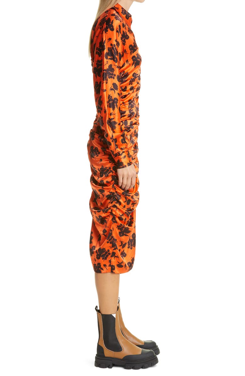 Ganni Floral Print Ruched Long Sleeve Stretch Silk Satin Dress, Alternate, color, Flame