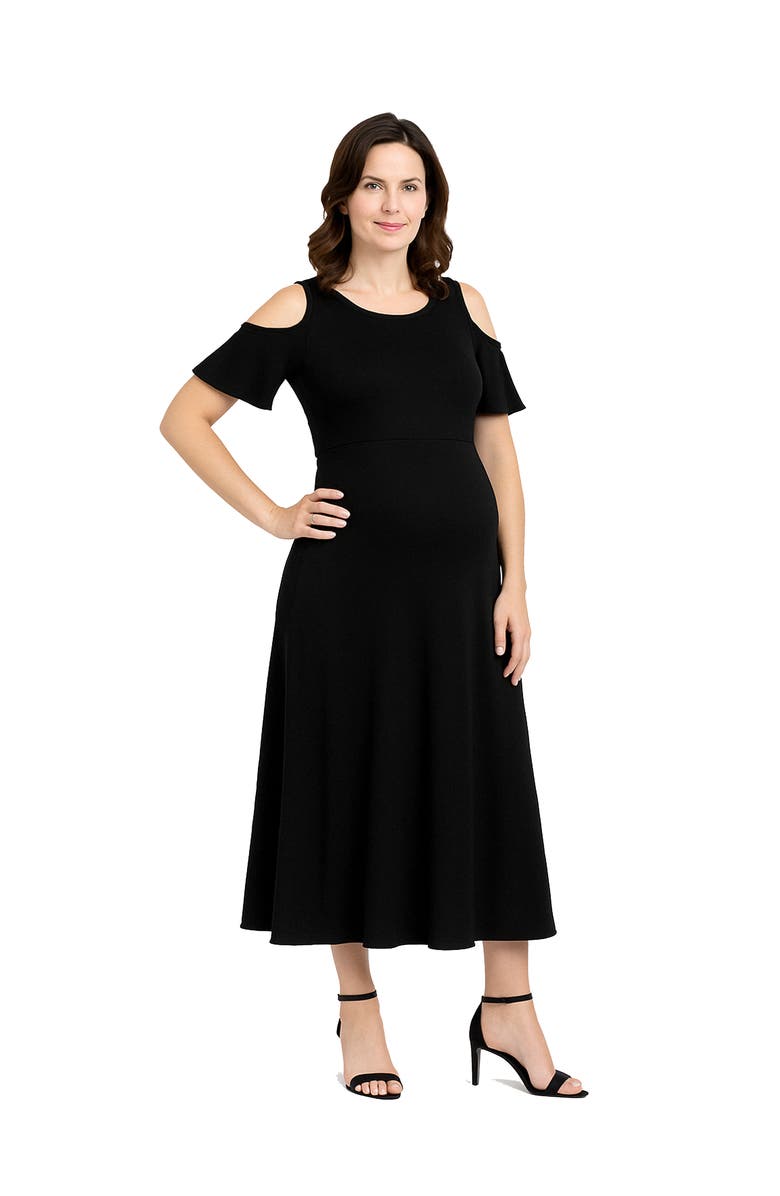 24seven Comfort Apparel Maternity Ruffle Cold Shoulder A-Line Maxi Dress, Main, color, Black