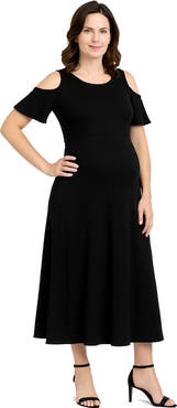 24seven Comfort Apparel Maternity Ruffle Cold Shoulder A-Line Maxi Dress
