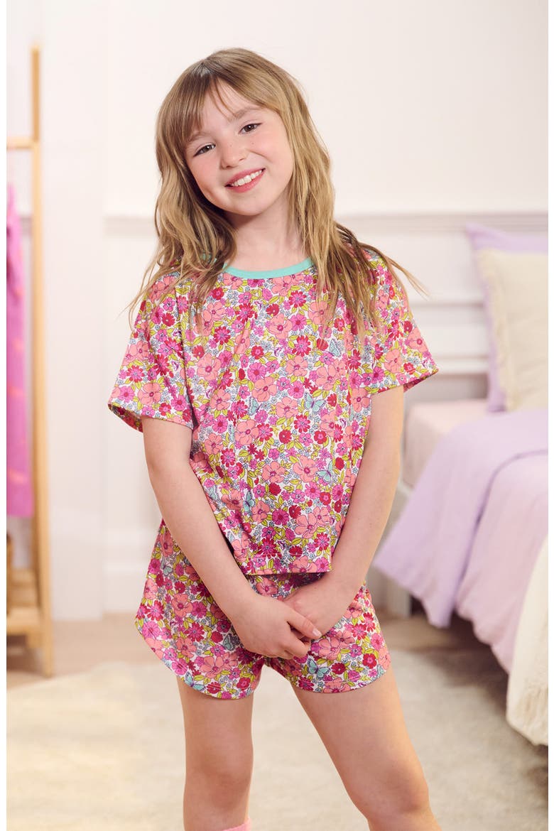 Kids' Groovy Flowers Two-Piece Short Pajamas, Alternate, color, FLAMINGO PINK