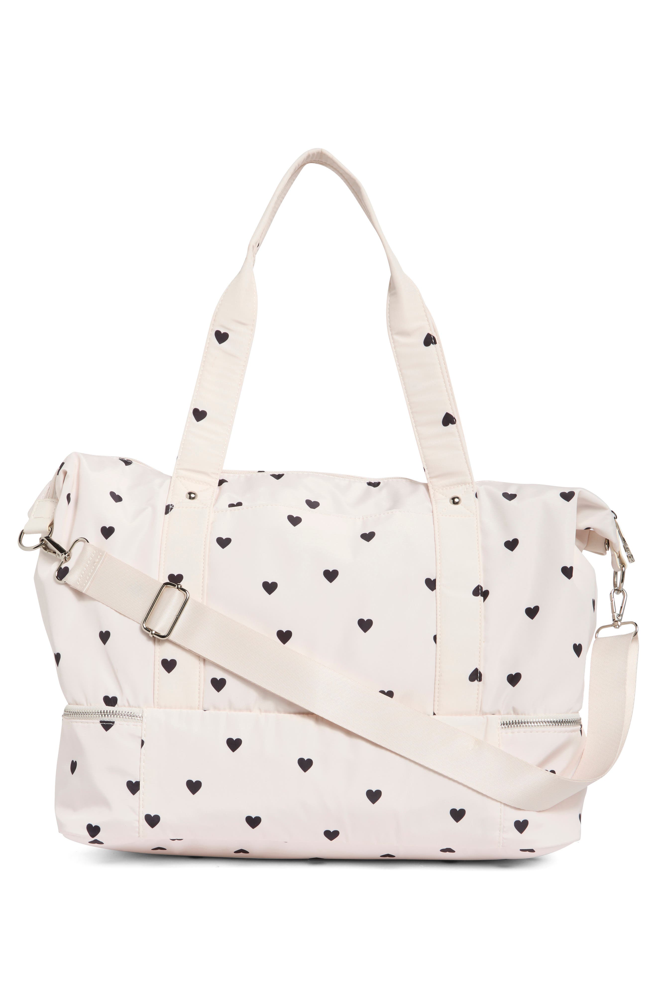 Madden Girl Nylon Weekender Bag, Alternate, color, Cream/ Black Hearts