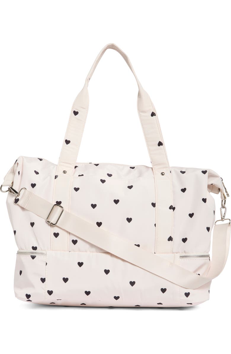 Madden Girl Nylon Weekender Bag, Alternate, color, Cream/ Black Hearts