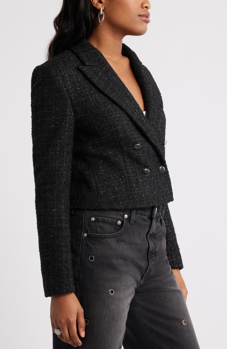 Open Edit Crop Double Breasted Tweed Blazer, Alternate, color, Black