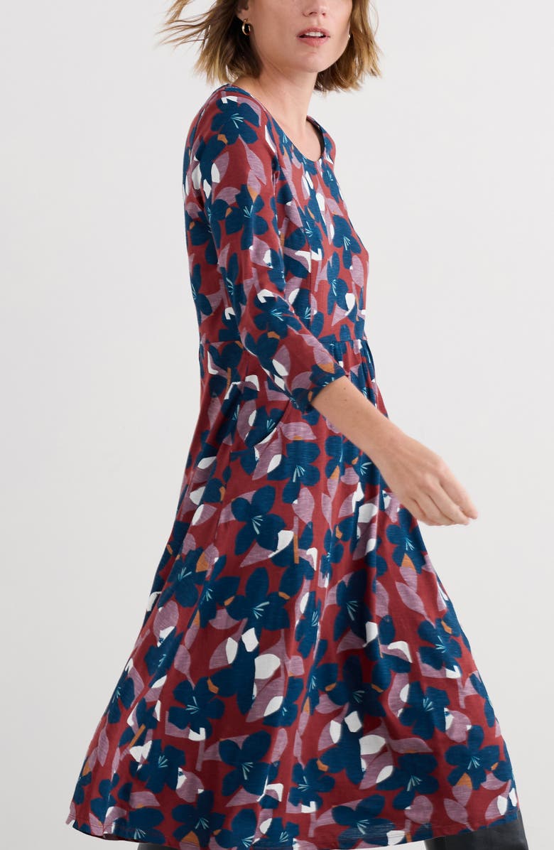 Seasalt Cornwall Enor Print Organic Cotton Fit & Flare Dress, Alternate, color, Macro Flower Burgundy
