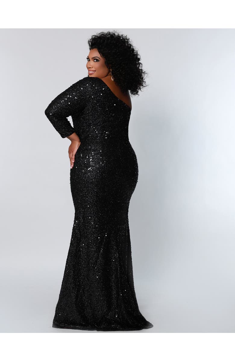 Sydney's Closet One-Shoulder Long Sleeve Sequin Plus Size Gown, Alternate, color, Onyx