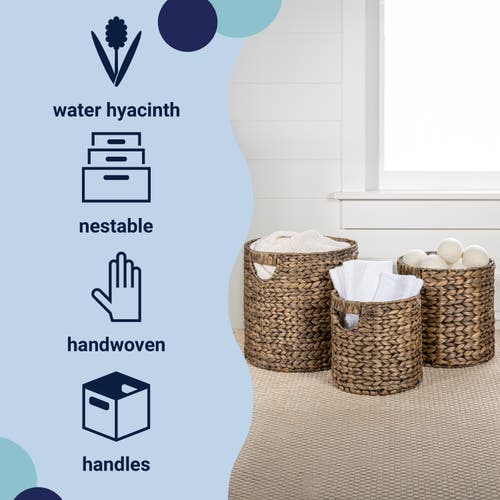 Happimess Avery Bohemian Cottage Handwoven Hyacinth Cylinder Nesting Baskets With Handles, In Brown