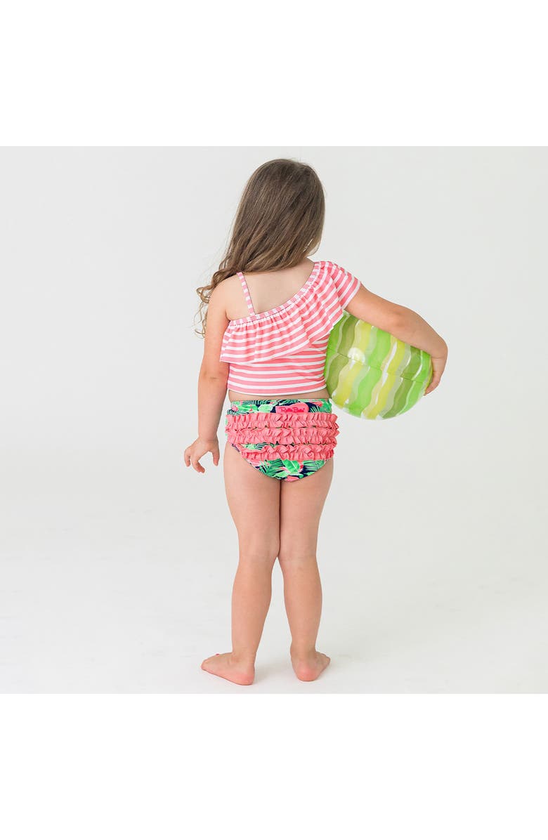 RuffleButts Toddler Girls One Shoulder Ruffle Tankini, Alternate, color, Flamingo Frenzy
