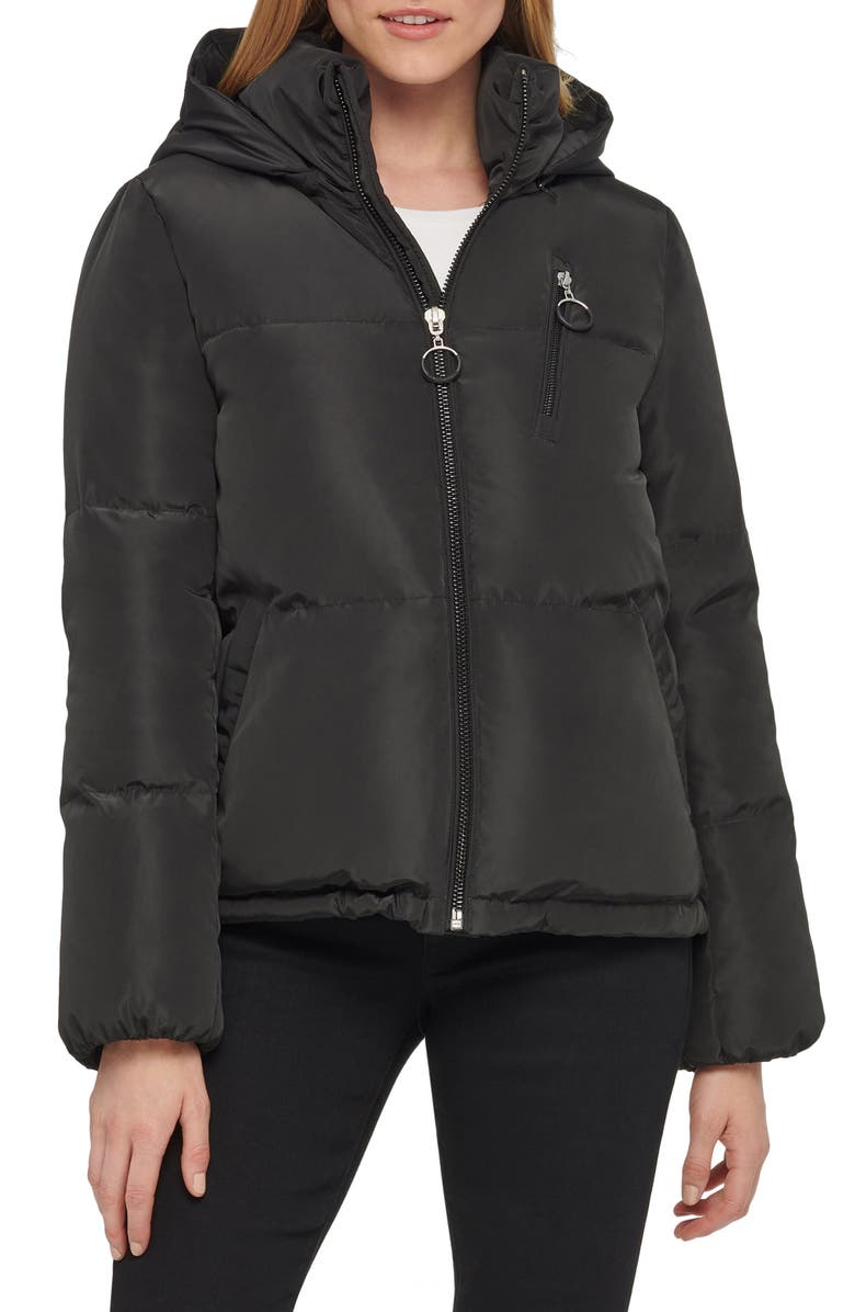 KARL LAGERFELD PARIS Short Hooded Down Puffer Jacket, Main, color, 