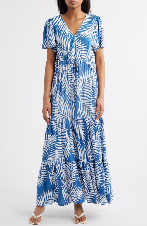 Palm Print Tiered Maxi Dress
