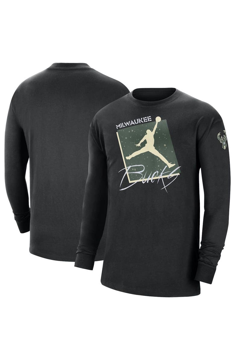 Jordan Brand Men's Jordan Brand Black Milwaukee Bucks Courtside Max 90 Vintage Wash Statement Edition Long Sleeve T-Shirt, Main, color, Black