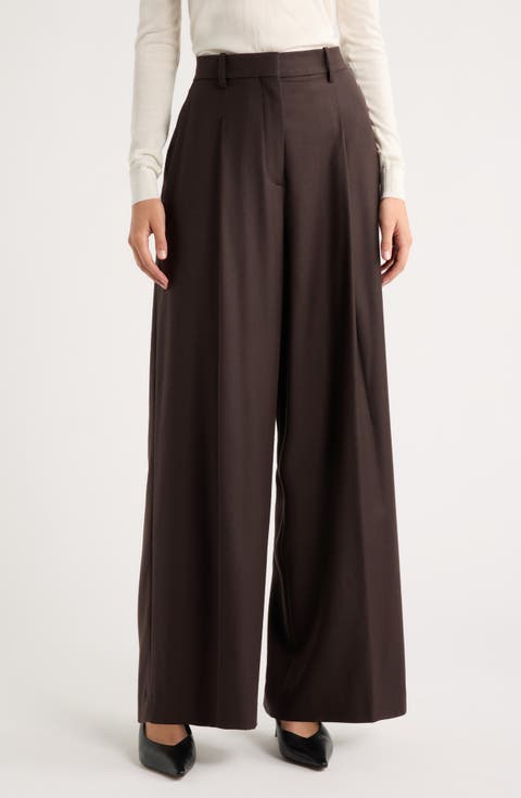 Wide Leg Pleated Virgin Wool Trousers