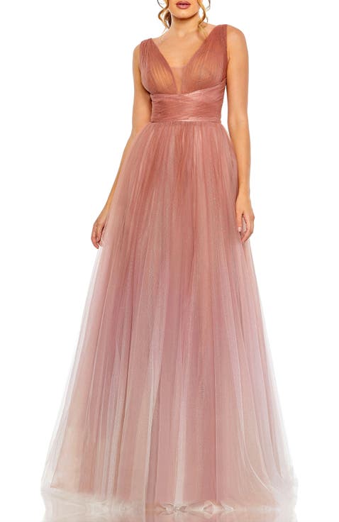 Sleeveless V Neck Glitter Ombre Gown